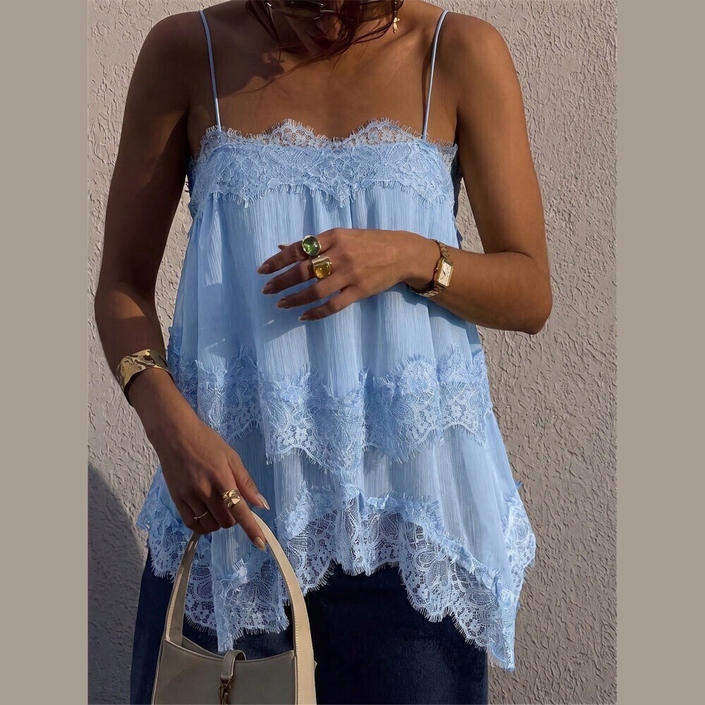 Sky Blue Lace Trim Tiered Spaghetti Strap Textured Crepe Camisole Tank Top